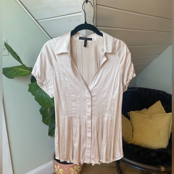 BCBGMAXAZRIA Silk Pleated Peplum Blouse Champagne Women’s M - Picture 2 of 12
